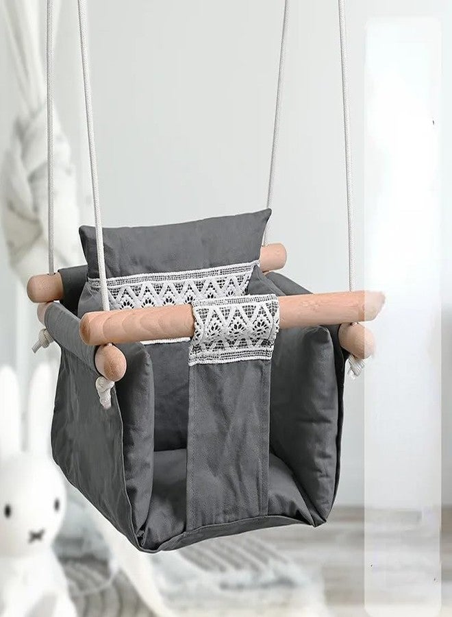 waqif Toddler Swing Canvas Hanging Swing Chairs Indoor and Outdoor Cloth Baby Swing Children Indoor Adjustable Wooden Gray and White Cotton Baby Swing - Image 1